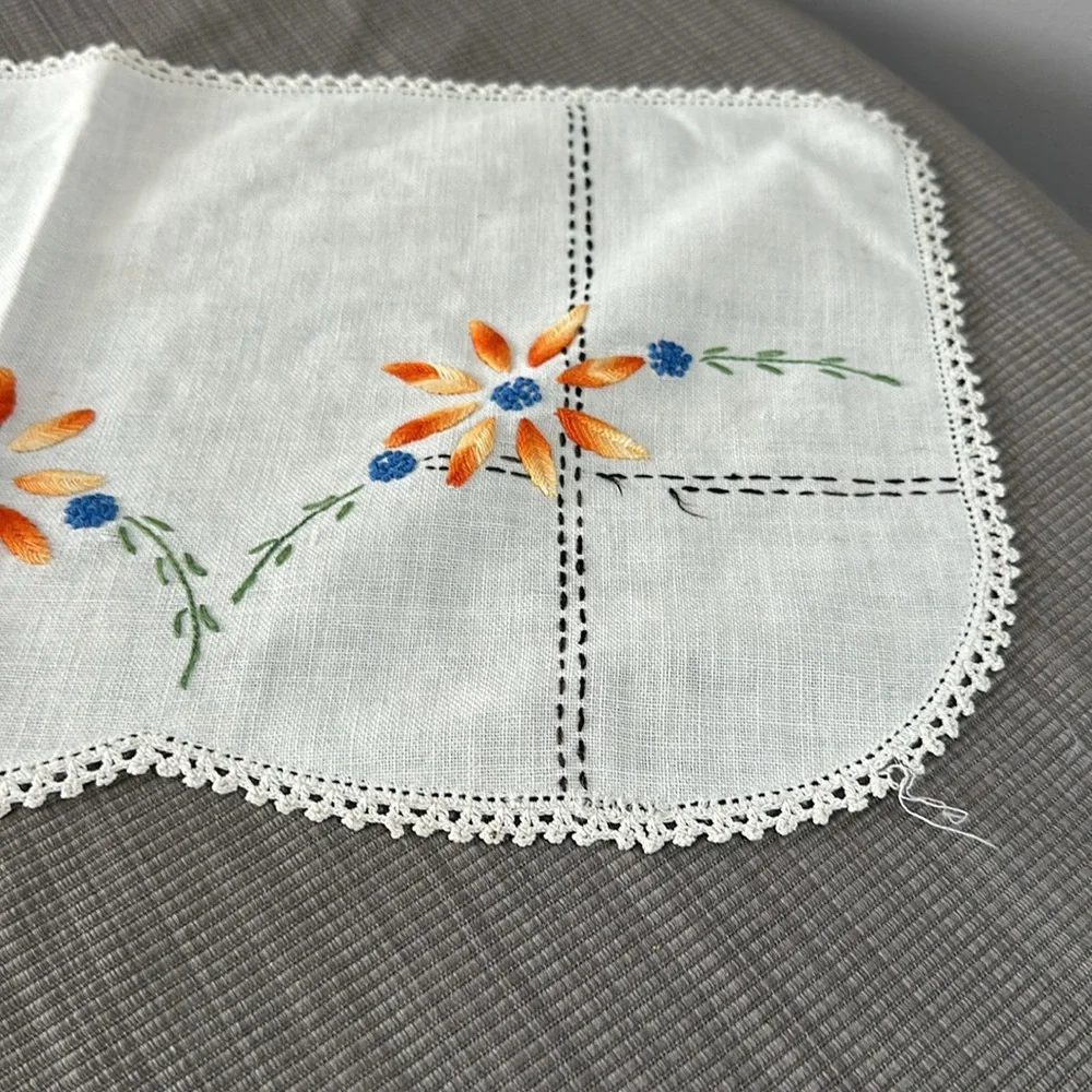 Handcrafted embroidered doily 19” x 10”